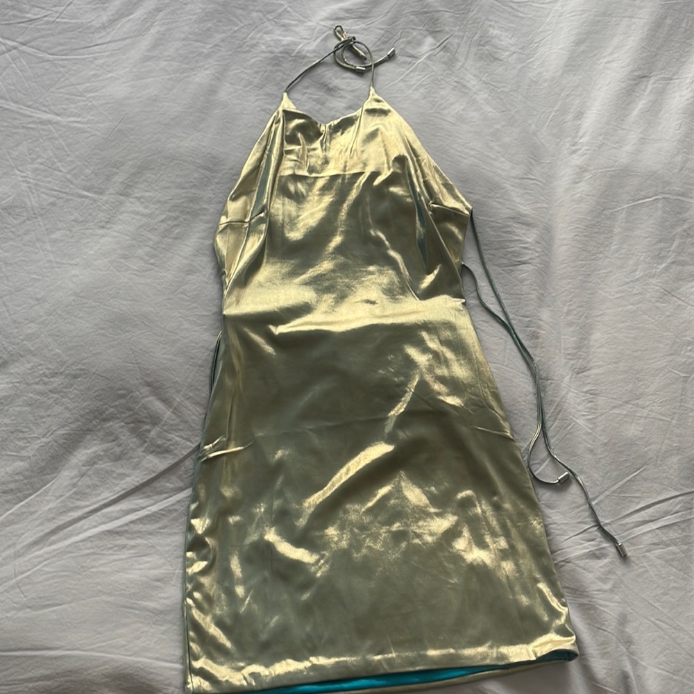 Meshki metallic mini halter dress